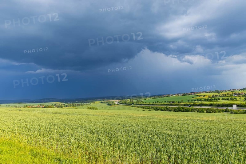 Thunderstorm cell over fields near Krebs in the Osterzgebirge, Krebs, Saxony, Germany, Europe
