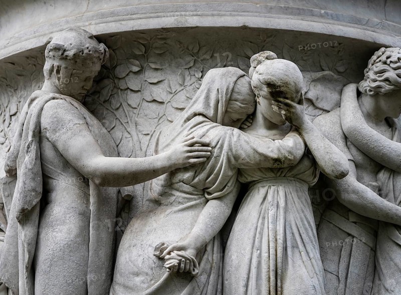 Detail photo, figures and sculptures at the base of the Queen Louise Monument, in the GroÃŸer Tiergarten, Berlin, Germany, Europe