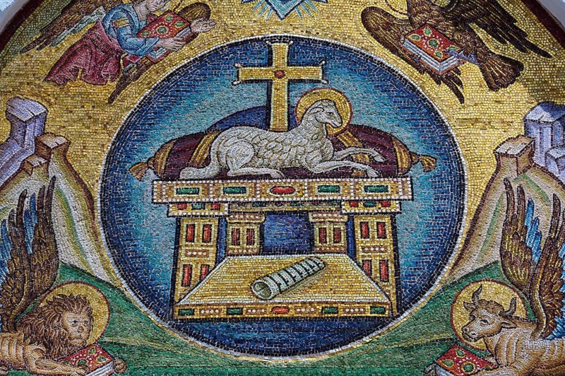 Brilliant religious mosaic with lamb on an altar, surrounded by angels and holy symbols, evangelist symbols, lion, bull, eagle, lamb, Monastery tis Apokalipsis, Patmos, Dodecanese, Greek Islands, Greece, Europe