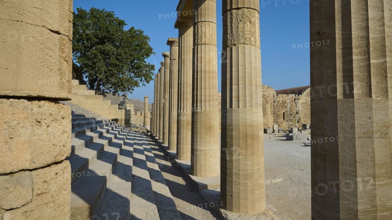Acropolis of Lindos, morning light, Propylaea with open staircase, Lindos, Rhodes, Dodecanese, Greek Islands, Greece, Europe