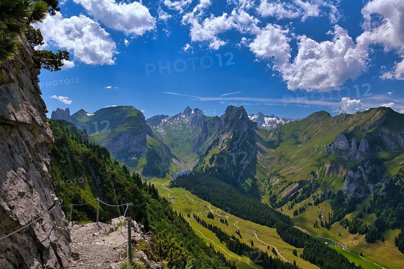 View of Alpstein with mountains Altmann and SÃ¤ntis, Appenzell Alps, Canton Appenzell Innerrhoden, Switzerland, Europe