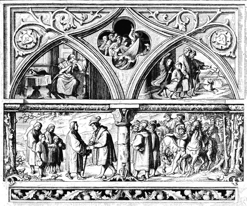 Martin Luther's farewell to his family (left), his woman Katharina, tears, room, Luther's life in danger on the journey (right), Saale, wandering, the Count of Mansfeld receives Luther at the border (below), nobility, retinue, quarrel, reconciliation, greetings, horses, riders, religion, Protestantism, year 1546, 16th century, historical illustration c. 1860