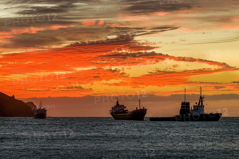 Fisher boats in sea in twilight, sunset. San Vincente. Mindelo. Cabo Verde. Africa
