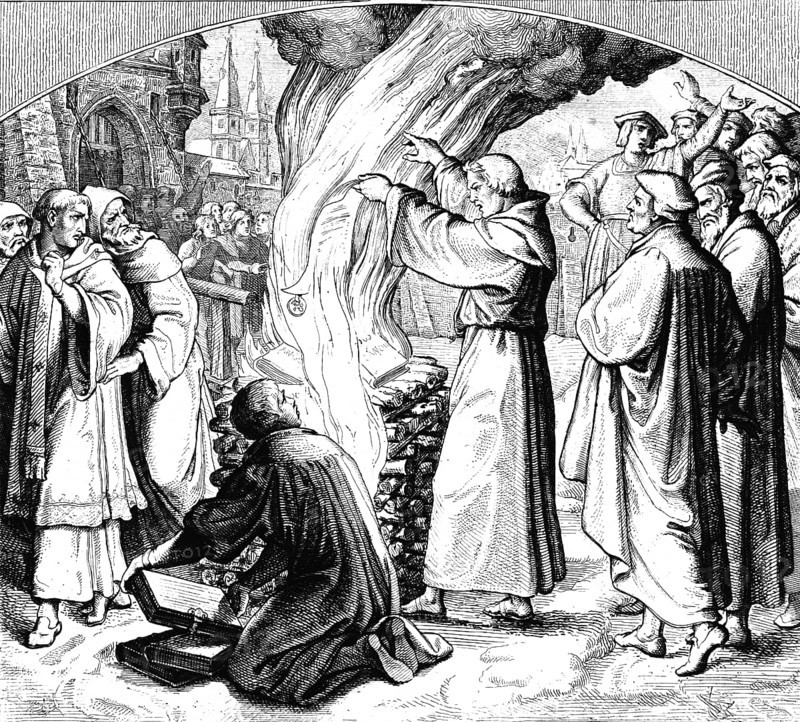 Martin Luther burning the papal bull of excommunication in Wittenberg, year 1520, pope, catholic church, protentatism, religion, controversy, judgement, fire, cityscape, 16th century, historical illustration around 1860