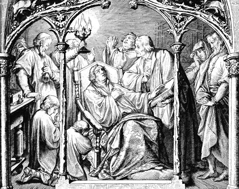 Dying Martin Luther, Wittenberg, mourning, room, group, armchair, sitting, crying, light, bible, candlestick, praying, religion, Protestantism, 18 February 1546, 16th century, historical illustration around 1860