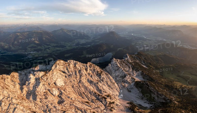 Aerial view, evening mood in the mountains, Schaffauer and Hintersteiner lakes, Wilder Kaiser, Tyrol, Austria, Europe