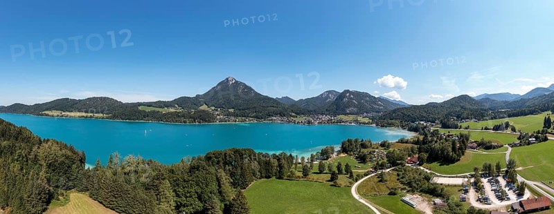 Drone shot, panorama shot, Fuschlsee with Schober, Fuschl am See, Alpine foothills, Salzkammergut, province of Salzburg, Austria, Europe