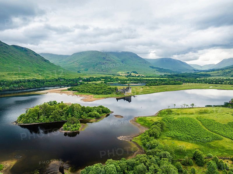 Kilchurn Castle from a drone, Loch Awe, Argyll and Bute, Scotland, UK