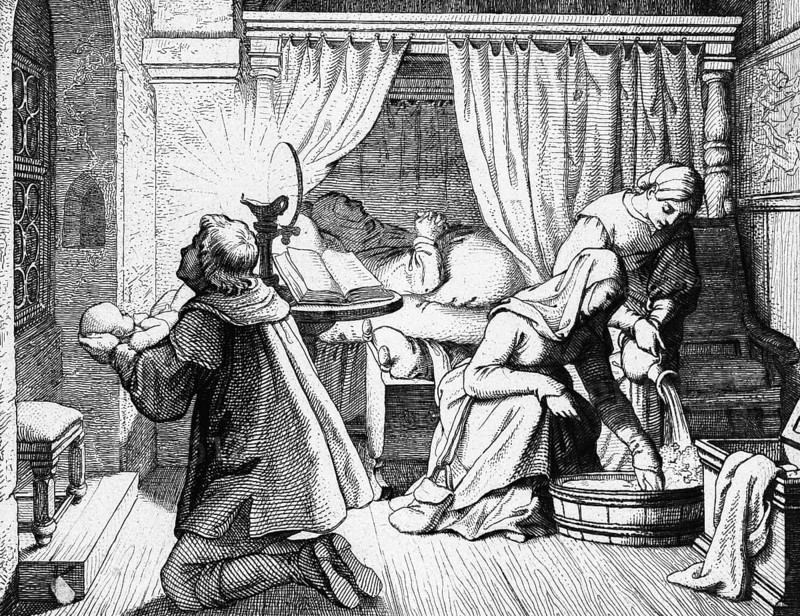 Martin Luther's birth at night at 11 o'clock November 1483, bed, woman, father, water, tub, room, bible, light, Germany, 15th century, historical illustration c. 1860, Europe