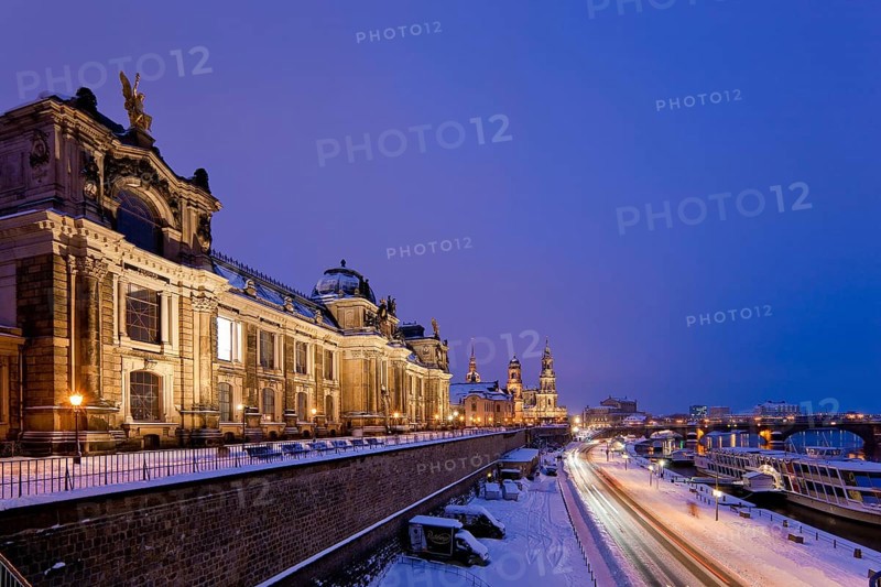 Brühl's Terrace in winter. Building of the Saxon Art Association and the Academy of Fine Arts. Brühl's Terrace is an architectural ensemble and a tourist attraction in Dresden. The outdoor area stretches along the River Elbe on the Old Town side of Dresden and is also known as the Balcony of Europe