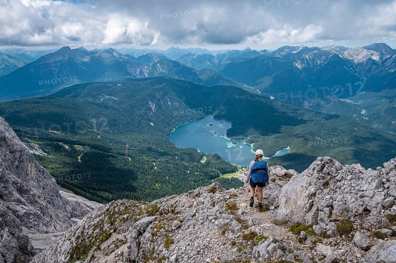 Mountaineer at Waxenstein, Eibsee lake, Wetterstein Mountains, Garmisch-Patenkirchen, Bavaria, Germany, Europe