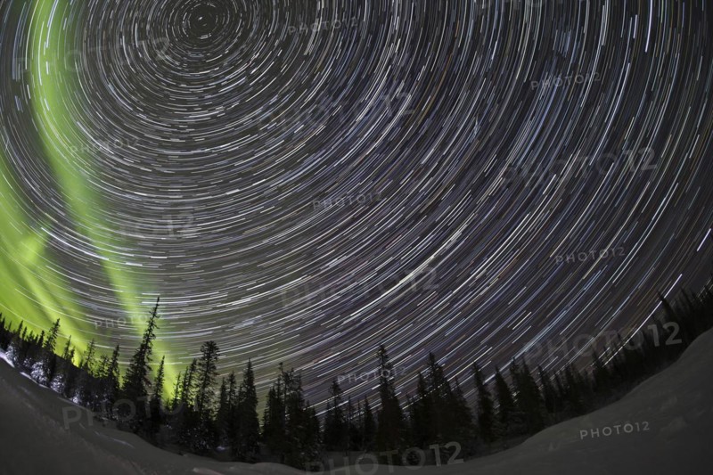 Star trails with Northern Lights over Pallas YllÃ¤stunturi National Park, Lapland, Finland, Europe