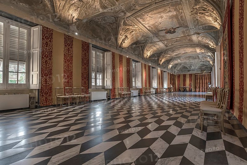Decorative stucco ceiling in a hall of the Villa del Principe, Palazzo di Andrea Doria, Piazza dei Principe, Genoa. Italy