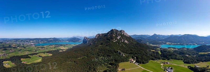 Drone shot, panorama shot, Schober and Drachenwand with Mondsee and Fuschlsee, Mondseeland, Fuschlseeregion, Alpine foothills, Salzkammergut, Land Salzburg, Austria, Europe
