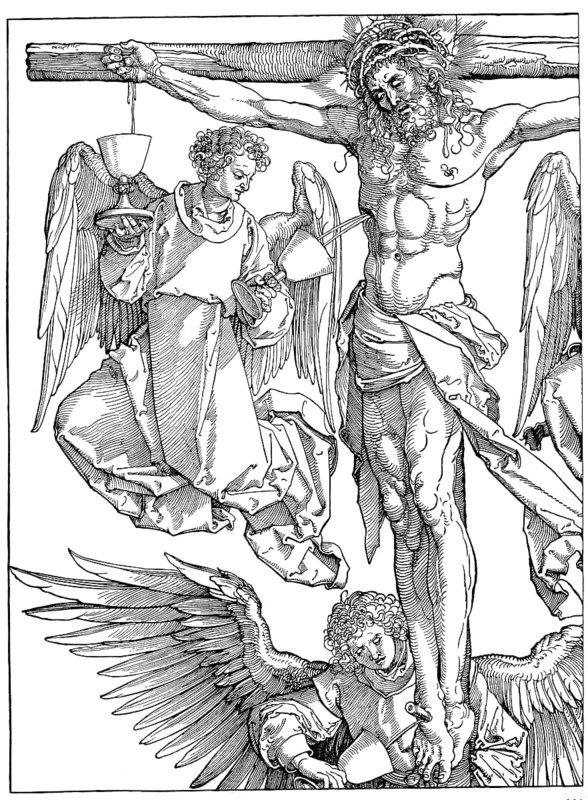 Christ on the Cross with Three Angels, woodcut by Albrecht Dürer, historical, digitally improved reproduction of an old woodcut