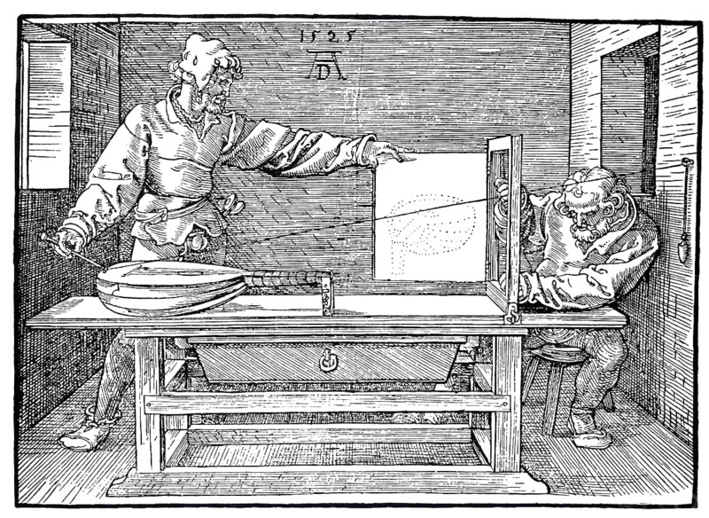 On the Art of Measuring. A Man Drawing a Lute, woodcut by Albrecht Dürer, historical, digitally improved reproduction of an old woodcut