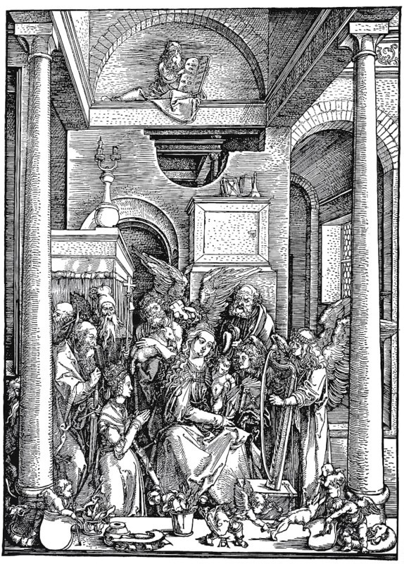 Picture cycle Illustrations from the Life of the Virgin, the Virgin adored by angels and saints, woodcut by Albrecht Dürer, historical, digital improved reproduction of an old woodcut