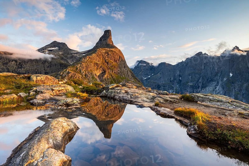 Romsdalshornet mountain reflected in mountain lake, Ã…ndalsnes, More og Romsdal, Norway, Europe