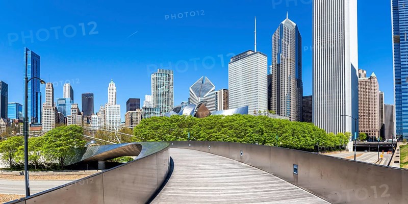 Chicago skyline skyscrapers skyscrapers and BP Pedestrian Bridge bridge skyscraper panorama in Chicago, USA, North America