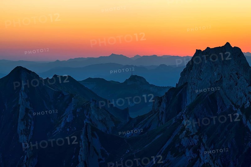 Alpstein Mountains at dawn, view of Mount Hoher Kasten, behind Vorarlberg Austria, Canton Appenzell Innerrhoden, Switzerland, Europe