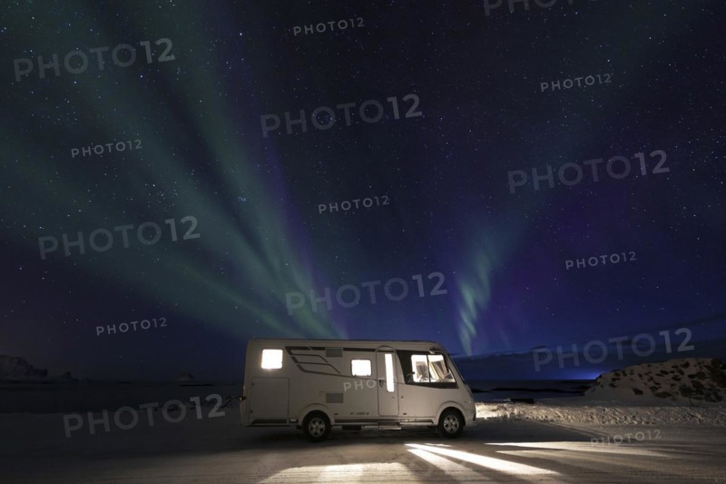 Motorhome and Northern Lights in Winter, Kleivodden Parking Andoya Scenic Route, Norway, Europe