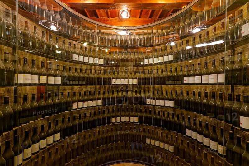 Exhibition rack with wines of Piemonte, Enoteca Regionale Piemontese Cavour, Grinzane Cavour, Barolo area, Langhe, Piedmont, Italy, Europe