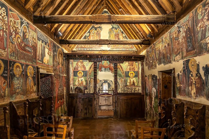The painted interior of the barn-roofed Church of Archangelos Michail or Church of St. Michael the Archangel in Pedoulas, Cyprus, Europe