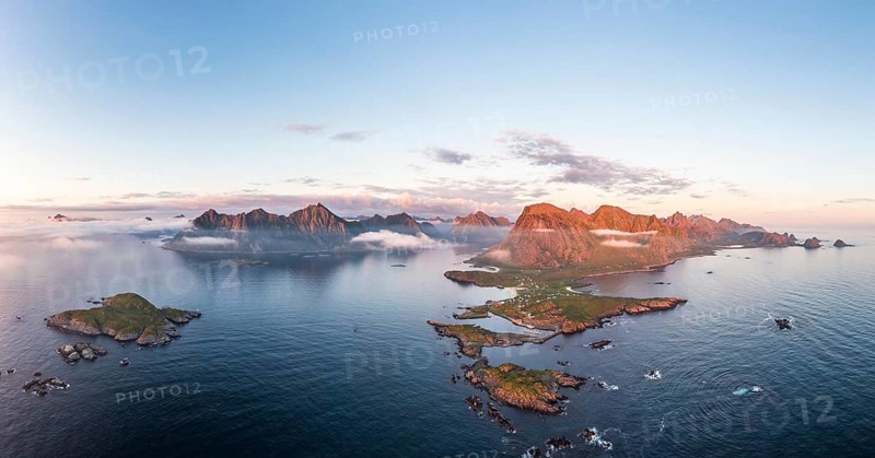 Fishing village Hovden, coast, fjords and mountains, Langoya island, Vesteralen archipelago, Norway, Europe