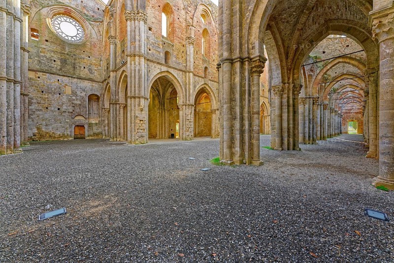 View from the crossing into the nave and side aisles, church ruins of the Cistercian Abbey of San Galgano, Abbazia San Galgano, Gothic, Chiusdino, Tuscany, Italy, Europe
