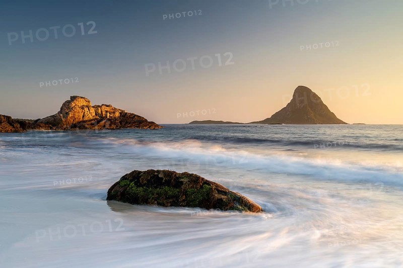Sandy beach beach with island in the sea near Bleik, Andoya Island, Vesteralen, Norway, Europe