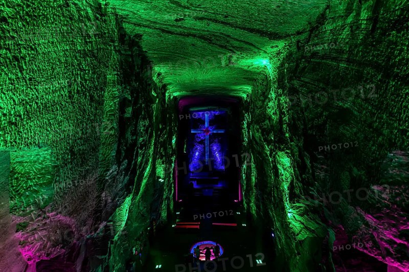 Giant salt cross in the Salt cathedral of Zipaquira, Colombia, South America