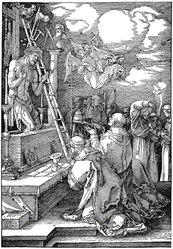 The Mass of St. Gregory, woodcut by Albrecht Dürer, historical, digitally improved reproduction of an old woodcut