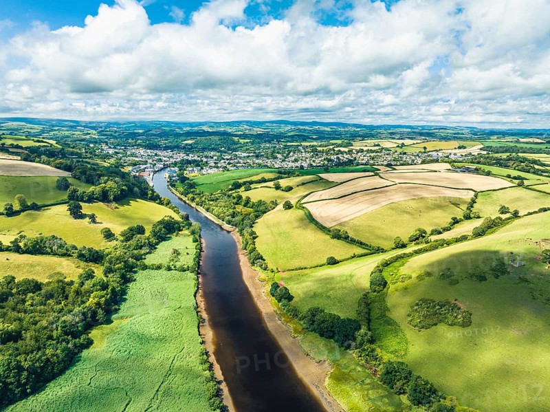 Sharpham Meadows and Marsh over River Dart from a drone, Totnes, Devon, England, United Kingdom, Europe