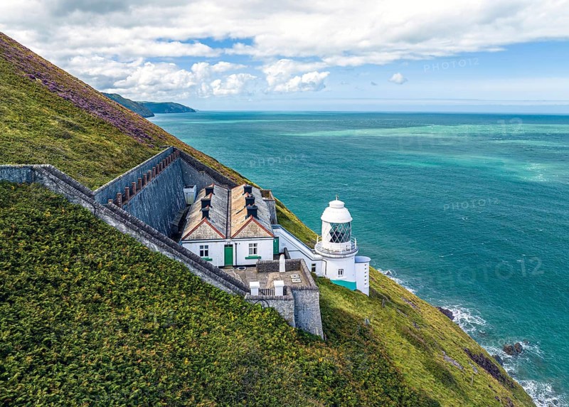 The Lighthouse Keepers Cottage from a drone, Countisbury, Lynton, North Devon, England, United Kingdom, Europe