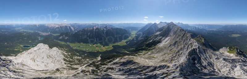Alpine panorama, aerial view, Westliche Wettersteinspitze, Wetterstein Mountains, Bavaria, Germany, Europe