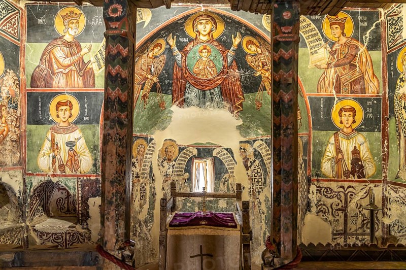The painted interior of the barn-roofed Church of Archangelos Michail or Church of St. Michael the Archangel in Pedoulas, Cyprus, Europe