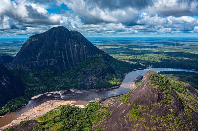 Aerial of the huge granite hills, Cerros de Mavecure, Eastern Colombia