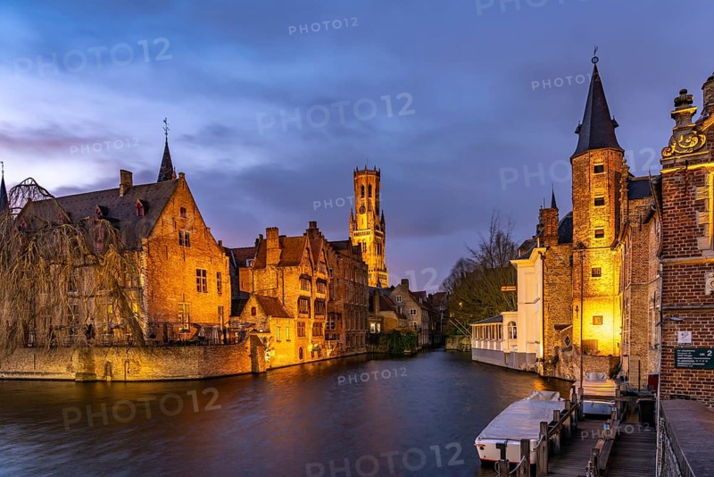 Rozenhoedkaai canal with belfry at dusk, Bruges, Belgium, Europe