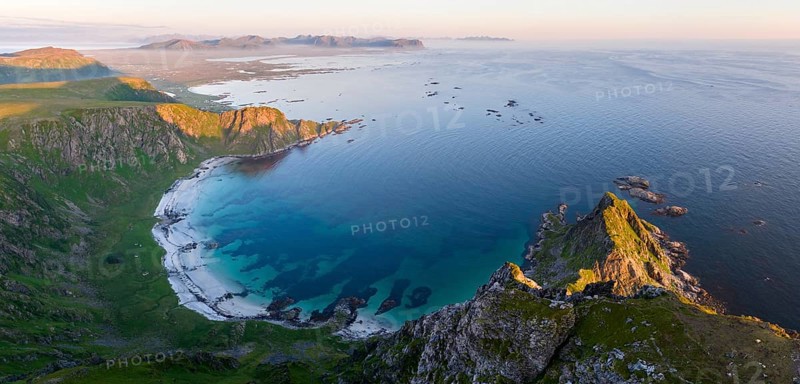 View from Mount Matinden of sandy beach and rocky coast, Bleik, Andoya Island, Vesteralen, Norway, Europe