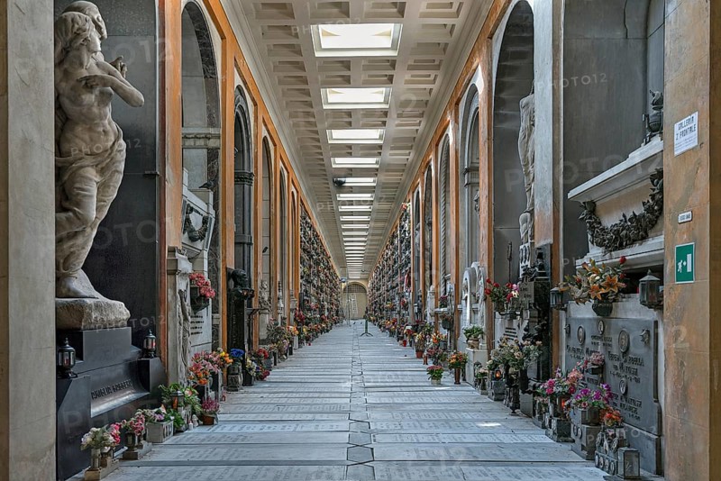 Covered tombs at the Monumental Cemetery, Cimitero monumentale di Staglieno), Genoa, Italy, Europe