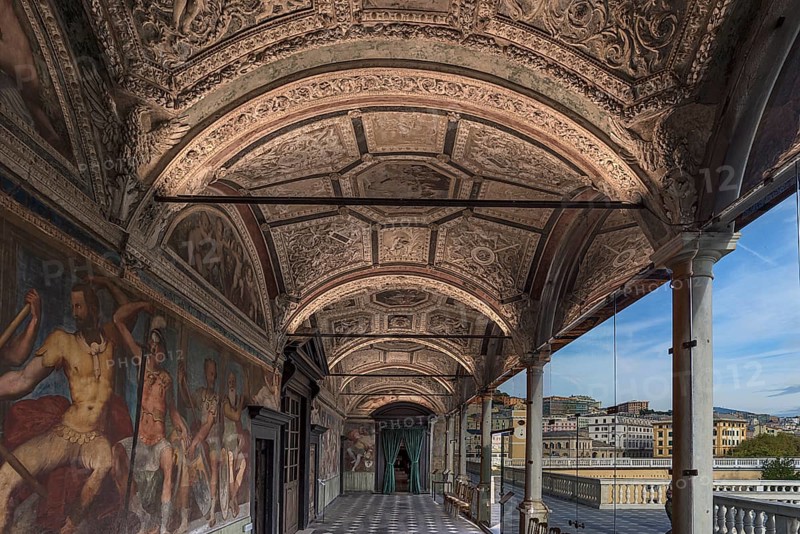 Arcade on the upper floor of the Villa del Principe, Palazzo di Andrea Doria, Piazza dei Principe, Genoa. Italy