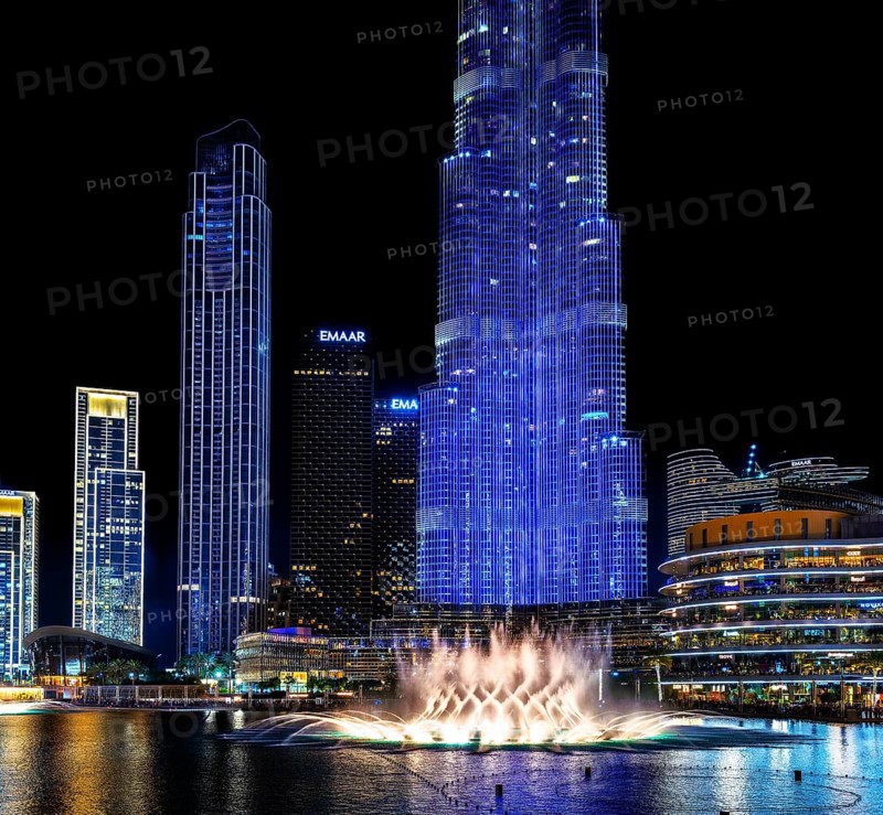 Night shot, water feature in Burj Khalifa Lake, Burk Khalifa, Downtown, Dubai, United Arab Emirates, Asia