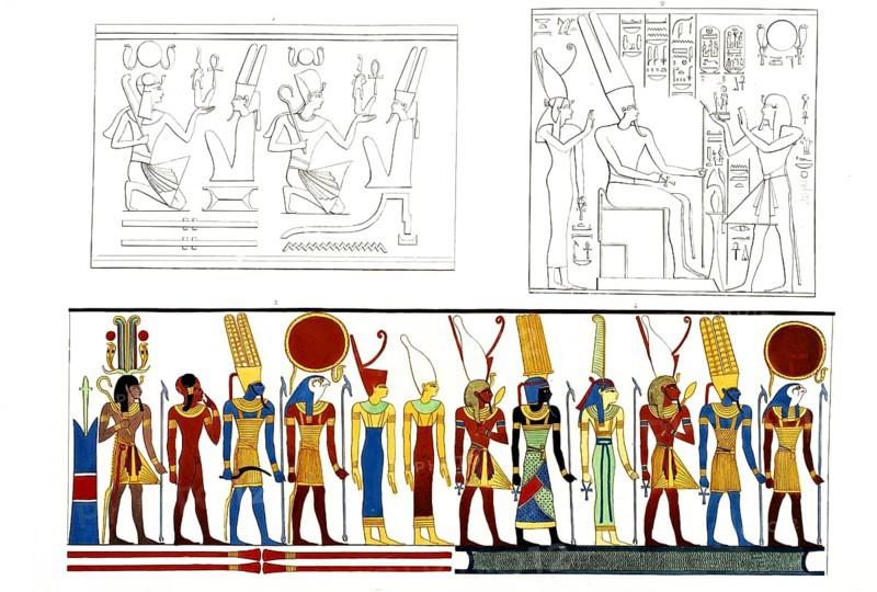 Figs. 1, 3, 4. Pharaonic titles expressed in symbolic figures, Fig. 2. Ramses XV at Thebes making offerings to Amon-re, Amon and Mut, 1832-1844. Collection: The Monuments of Egypt and Nubia, drawn from the Tuscan Scientific-Literary Expedition to Egypt by Doctor Ippolito Rosellini, Historical, digitally restored reproduction from an original of the period