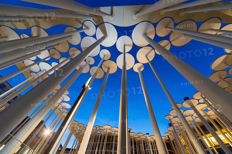 SAB Forum, designed by London-based architects ACME, 165 million euros. The Forum is a column garden in front of the SAB, consisting of 159 columns with a height of around 20 m. There are a further 92 columns on the building itself, 68 of which are free-standing and 24 of which penetrate the building. The columns are used as sun protection, partly for smoke extraction from the underground car park and as a design element