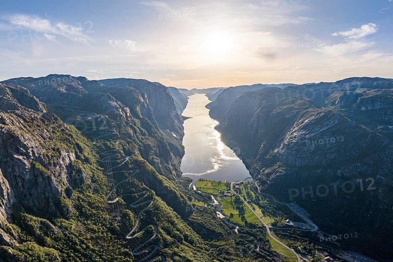 Winding road Lysevegen and village Lysebotn, hairpin bends, Lysefjord, Rogaland, Norway, Europe