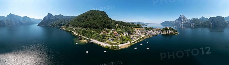 Drone shot, panorama shot, Johannesberg Chapel, Traunkirchen with Traunstein, Lake Lake Traun, Salzkammergut, Upper Austria, Austria, Europe