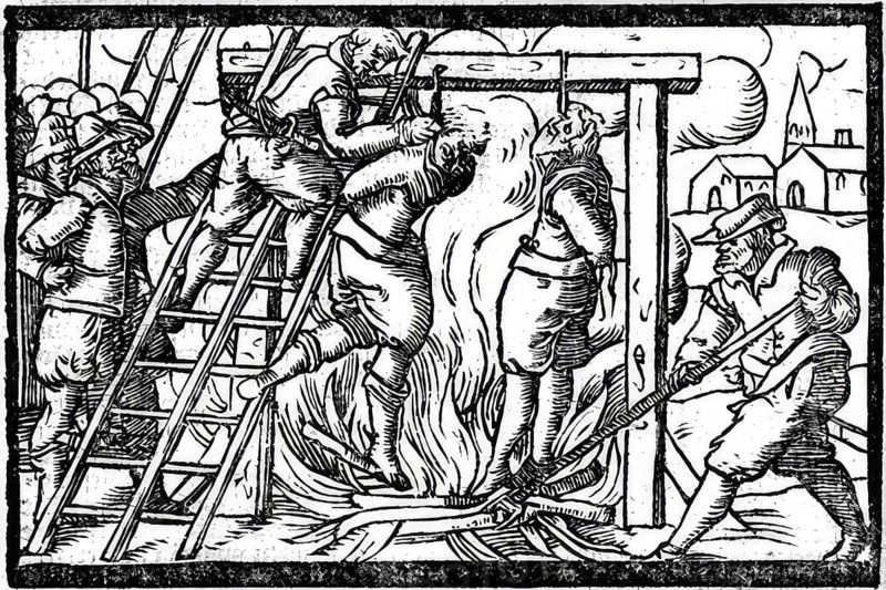 Burning of witches hanging on the gallows, around 1613 in Roermond in Holland, Historic, digitally restored reproduction from an original of the time