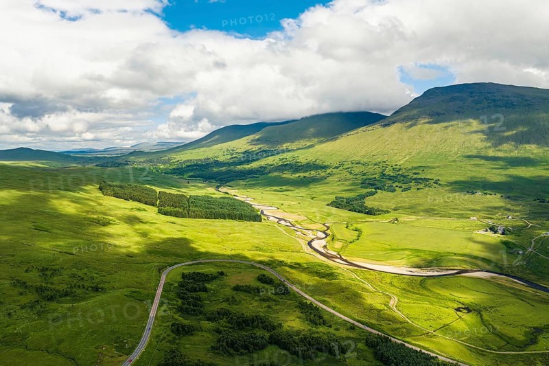 Loch Tulla and Beinn Dorain from a drone, Glen Coe, Highlands, Scotland, UK