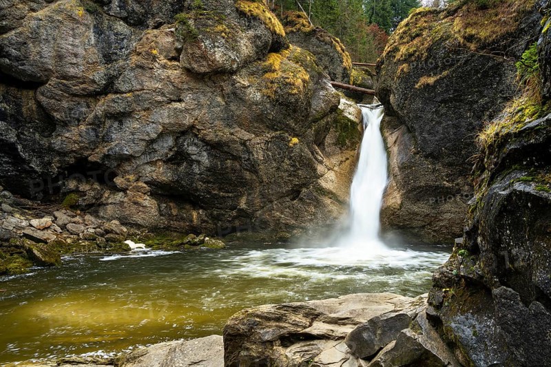 The lower part of the Buchenegg waterfalls, surrounded by rocks. Autumn. Oberstaufen, Upper AllgÃ¤u, Bavaria, Germany, Europe