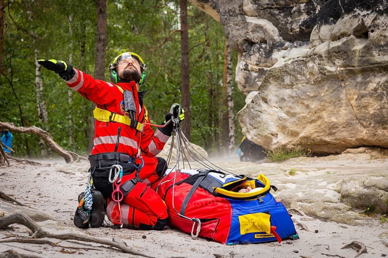 Winch rescue training of the rescue helicopter, Christoph 62, on the occasion of the 50th anniversary of the DRF Luftrettung. The rescue of casualties in the Elbe Sandstone Mountains will be practised